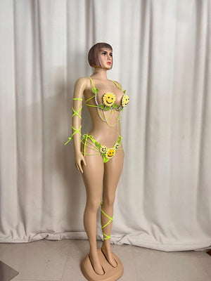 Women's Neon Green Crochet Smiley Face Beaded Rave Dancewear Set