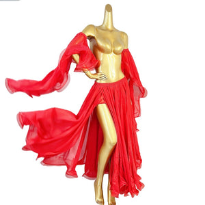 Women's Pink Chiffon Off-Shoulder Bell Sleeve Slit Skirt Belly Dance Costume