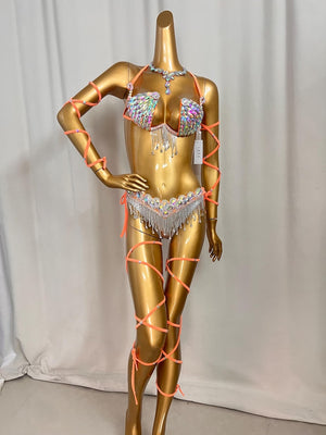 Women's Iridescent Rhinestone Fringe Bikini Set with Orange Wrap-Around Straps, Belly Dance Costume