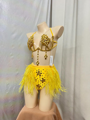 Women's Yellow Rhinestone & Feather Embellished Latin Dance Costume Set