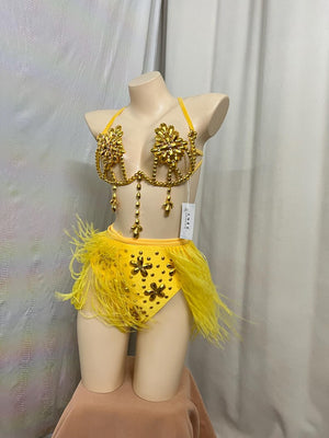 Women's Yellow Rhinestone & Feather Embellished Latin Dance Costume Set