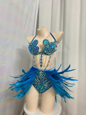 Women's Blue Sequin Feathered Halter Neck Rhinestone Bra & Briefs Set for Carnival Dance