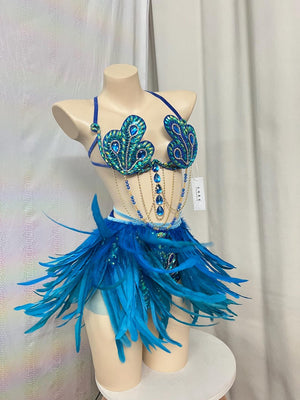 Women's Blue Sequin Feathered Halter Neck Rhinestone Bra & Briefs Set for Carnival Dance