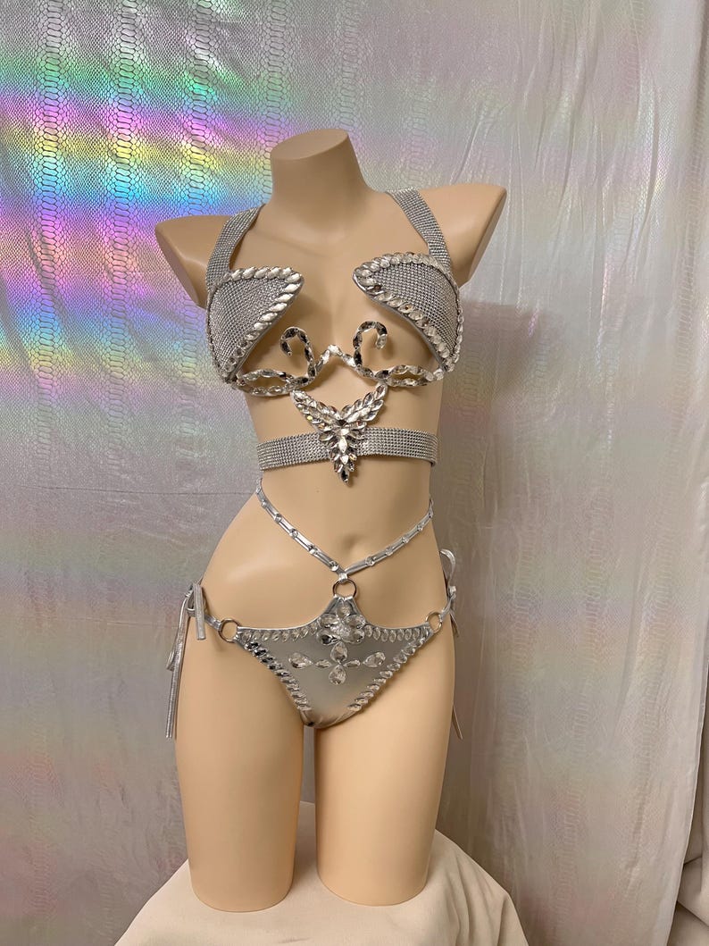 Women's Silver Rhinestone Harness Bra and High-Waisted Bikini Bottom Set - Rave, Festival, Pole Dance