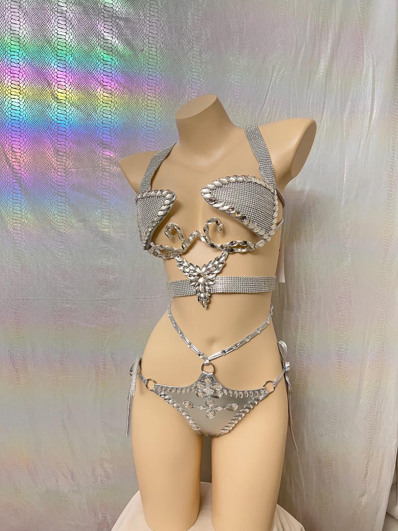 Women's Silver Rhinestone Harness Bra and High-Waisted Bikini Bottom Set - Rave, Festival, Pole Dance