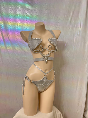 Women's Silver Rhinestone Harness Bra and High-Waisted Bikini Bottom Set - Rave, Festival, Pole Dance