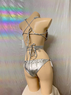 Women's Silver Rhinestone Harness Bra and High-Waisted Bikini Bottom Set - Rave, Festival, Pole Dance
