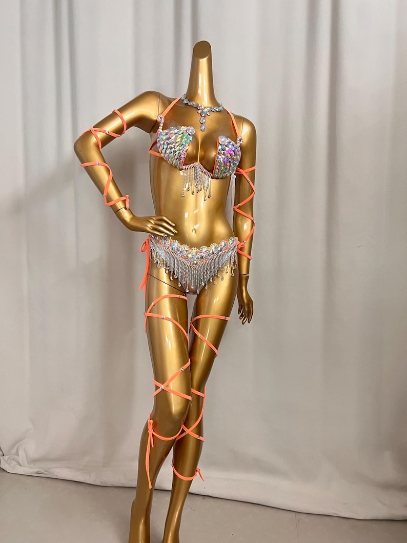 Women's Iridescent Rhinestone Fringe Bikini Set with Orange Wrap-Around Straps, Belly Dance Costume