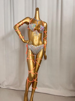 Women's Iridescent Rhinestone Fringe Bikini Set with Orange Wrap-Around Straps, Belly Dance Costume