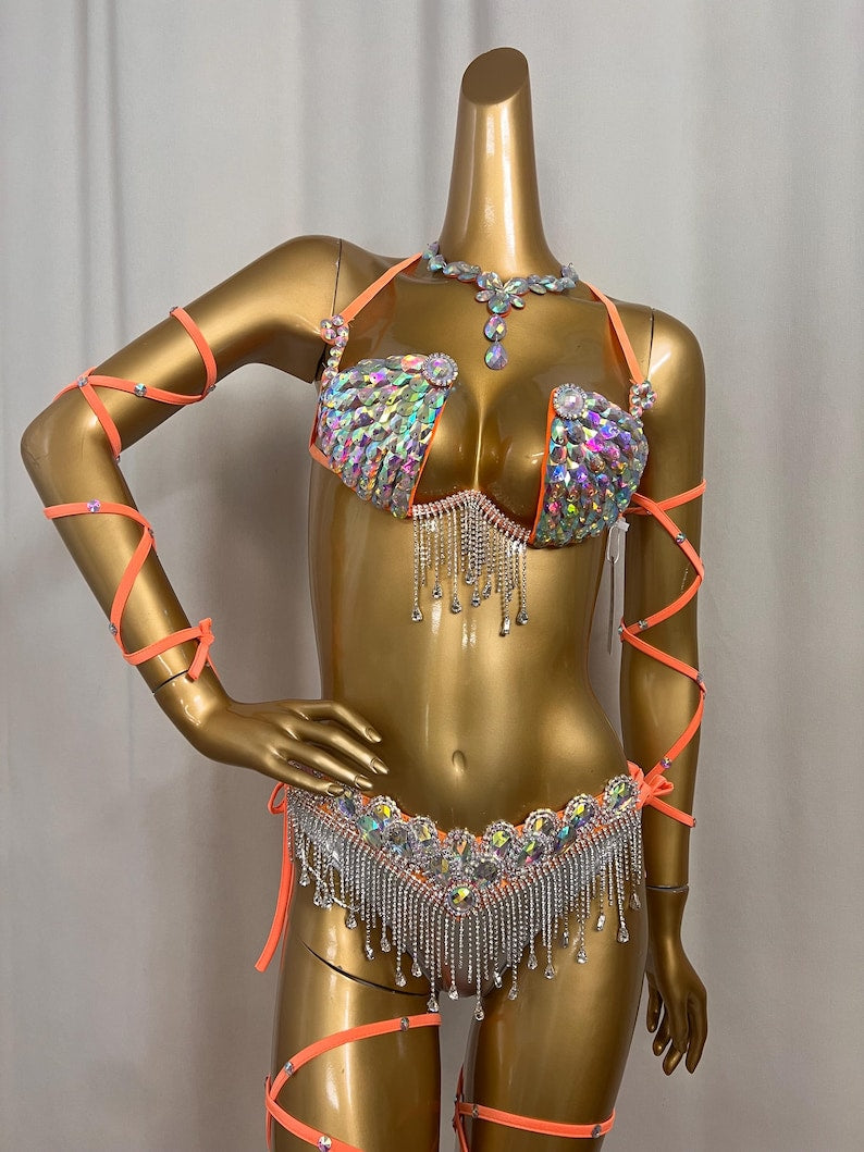 Women's Iridescent Rhinestone Fringe Bikini Set with Orange Wrap-Around Straps, Belly Dance Costume