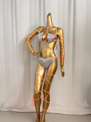 Women's Iridescent Rhinestone Fringe Bikini Set with Orange Wrap-Around Straps, Belly Dance Costume