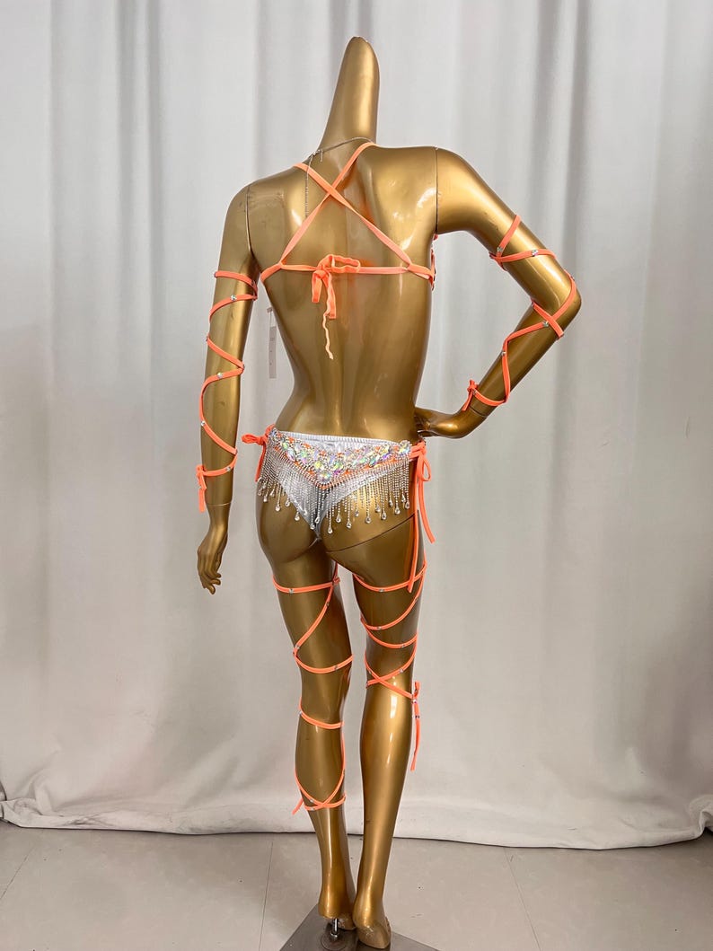 Women's Iridescent Rhinestone Fringe Bikini Set with Orange Wrap-Around Straps, Belly Dance Costume
