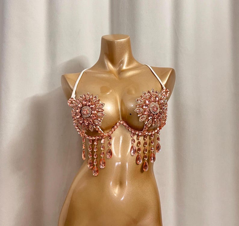 Women's Rose Gold Crystal Rhinestone Bra Top with Teardrop Fringe, Belly Dance