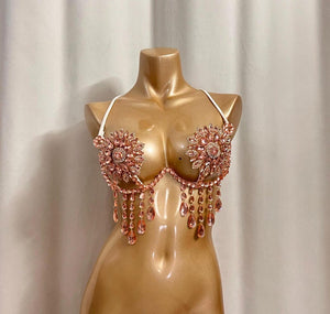Women's Rose Gold Crystal Rhinestone Bra Top with Teardrop Fringe, Belly Dance