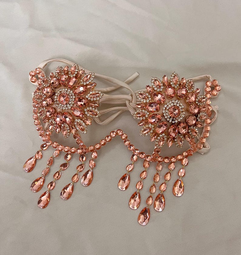 Women's Rose Gold Crystal Rhinestone Bra Top with Teardrop Fringe, Belly Dance
