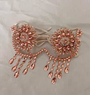 Women's Rose Gold Crystal Rhinestone Bra Top with Teardrop Fringe, Belly Dance