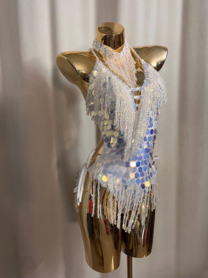 Women's Pink Sequin Beaded Fringe Halterneck Latin Dance Dress