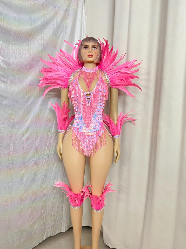 Dance Leotard Women's Pink Sequin Feather Embellished Bodysuit with High Neck and Arm/Leg Cuffs - Carnival/Rave/Burlesque Costume