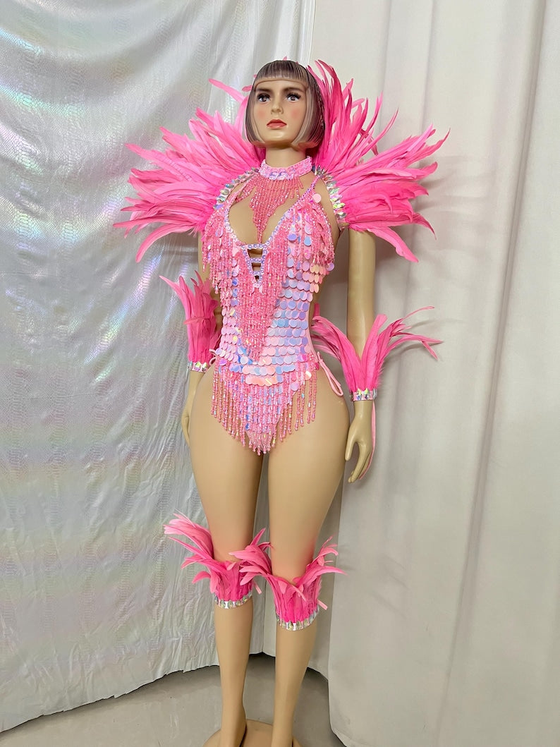 Dance Leotard Women's Pink Sequin Feather Embellished Bodysuit with High Neck and Arm/Leg Cuffs - Carnival/Rave/Burlesque Costume