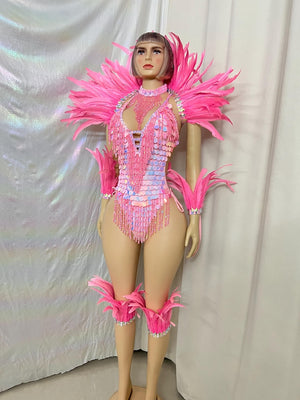 Dance Leotard Women's Pink Sequin Feather Embellished Bodysuit with High Neck and Arm/Leg Cuffs - Carnival/Rave/Burlesque Costume