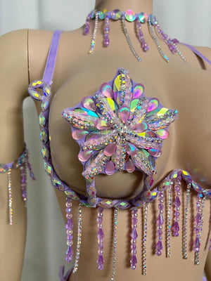 Women's Lavender Crystal Beaded Fringe Rave Dance Costume Set