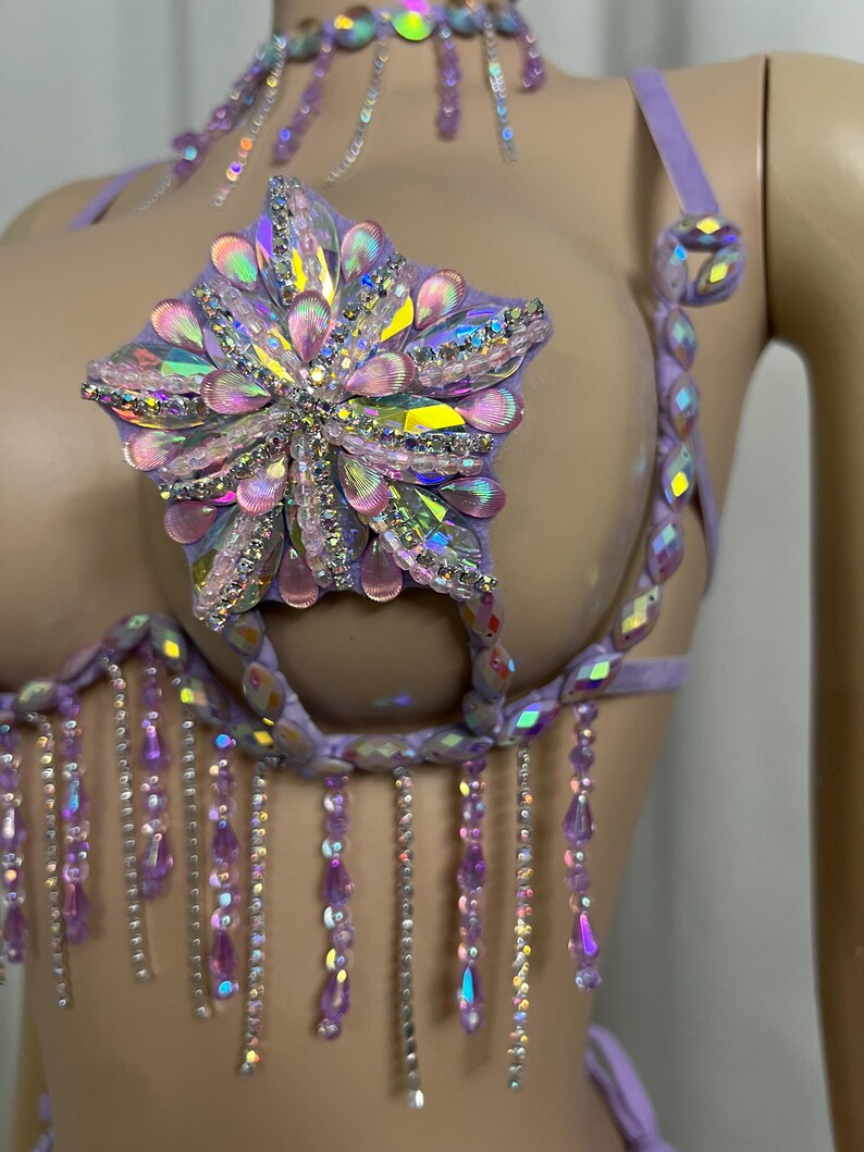 Women's Lavender Crystal Beaded Fringe Rave Dance Costume Set