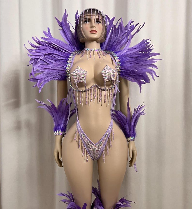 Women's Purple Feathered Rhinestone Crystal Bodysuit, Carnival Dance Costume