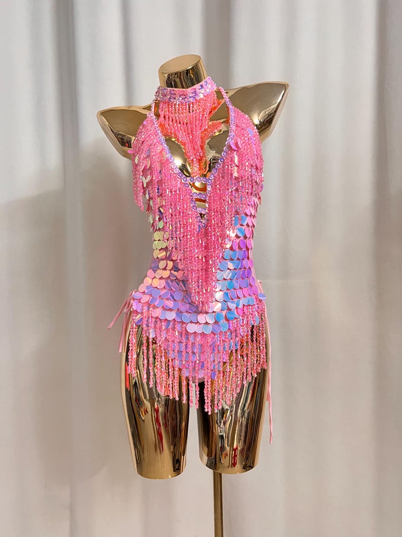 Women's Pink Sequin Beaded Fringe Halterneck Latin Dance Dress