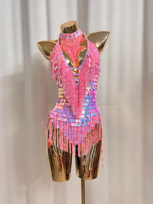 Women's Pink Sequin Beaded Fringe Halterneck Latin Dance Dress