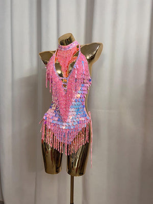 Women's Pink Sequin Beaded Fringe Halterneck Latin Dance Dress