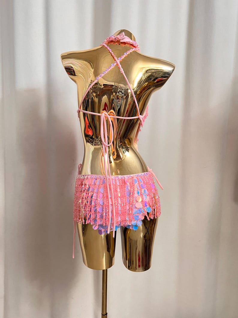 Women's Pink Sequin Beaded Fringe Halterneck Latin Dance Dress