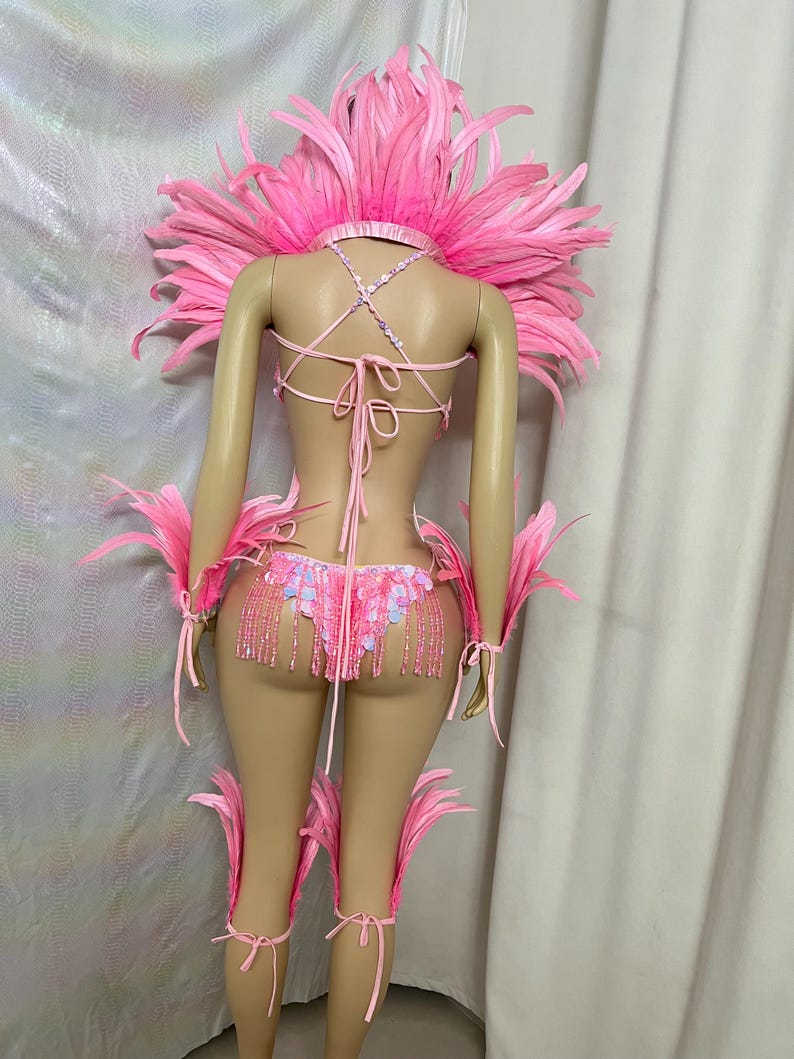 Dance Leotard Women's Pink Sequin Feather Embellished Bodysuit with High Neck and Arm/Leg Cuffs - Carnival/Rave/Burlesque Costume