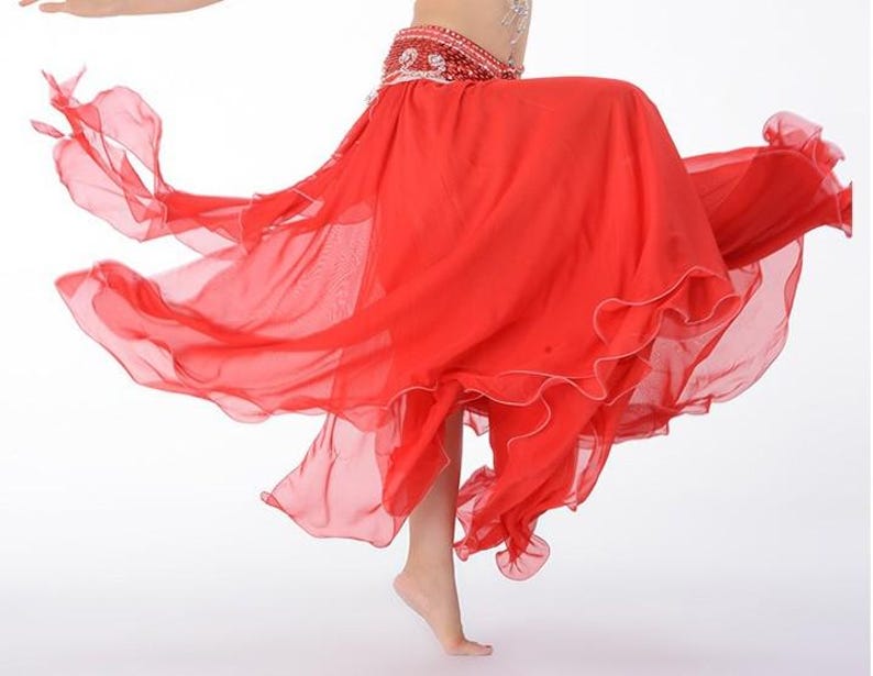 Belly Dance Skirt, Women's Red Chiffon Flowy Tiered Maxi Skirt, Performance Practice Costume