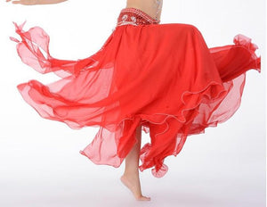 Belly Dance Skirt, Women's Red Chiffon Flowy Tiered Maxi Skirt, Performance Practice Costume