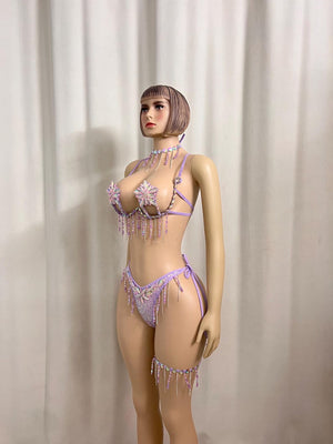 Women's Lavender Sequin & Rhinestone Fringe Bra & Thong Set with Arm & Leg Bands, Burlesque/Rave Dancewear