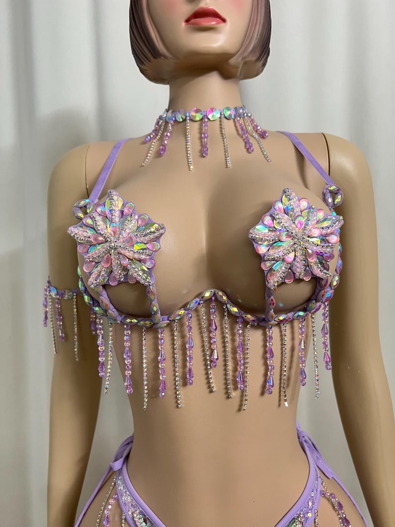 Women's Lavender Sequin & Rhinestone Fringe Bra & Thong Set with Arm & Leg Bands, Burlesque/Rave Dancewear