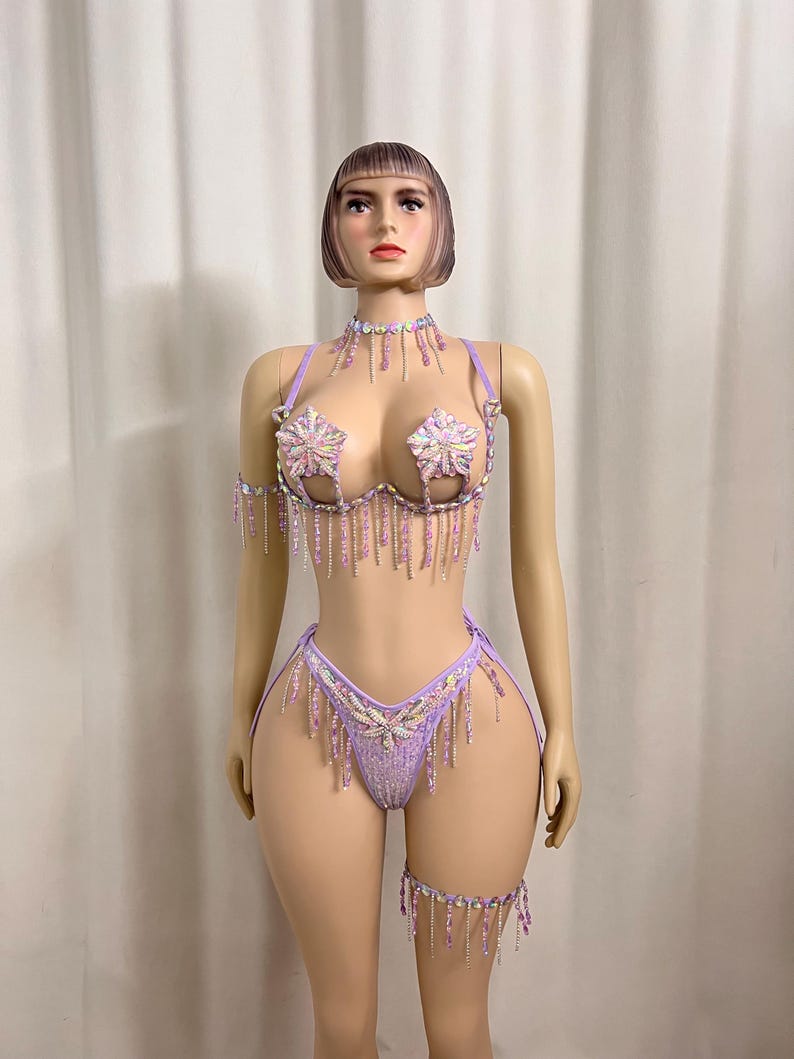 Women's Lavender Sequin & Rhinestone Fringe Bra & Thong Set with Arm & Leg Bands, Burlesque/Rave Dancewear