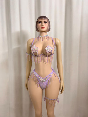 Women's Lavender Sequin & Rhinestone Fringe Bra & Thong Set with Arm & Leg Bands, Burlesque/Rave Dancewear