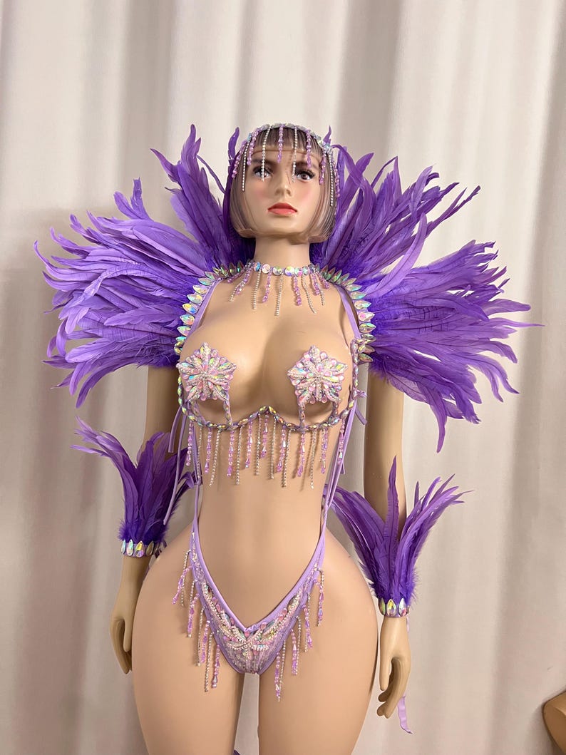 Women's Purple Feathered Rhinestone Crystal Bodysuit, Carnival Dance Costume