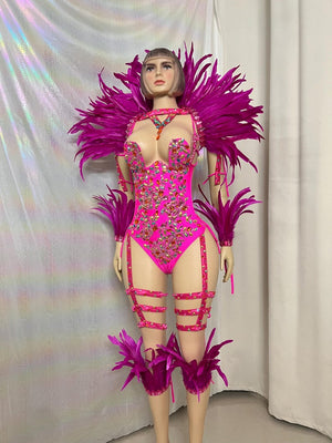 Women's Hot Pink Feathered Rhinestone Bodysuit with Garters and Leg Warmers, Carnival Dance