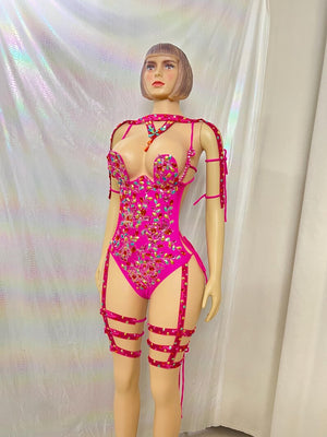 Women's Hot Pink Feathered Rhinestone Bodysuit with Garters and Leg Warmers, Carnival Dance
