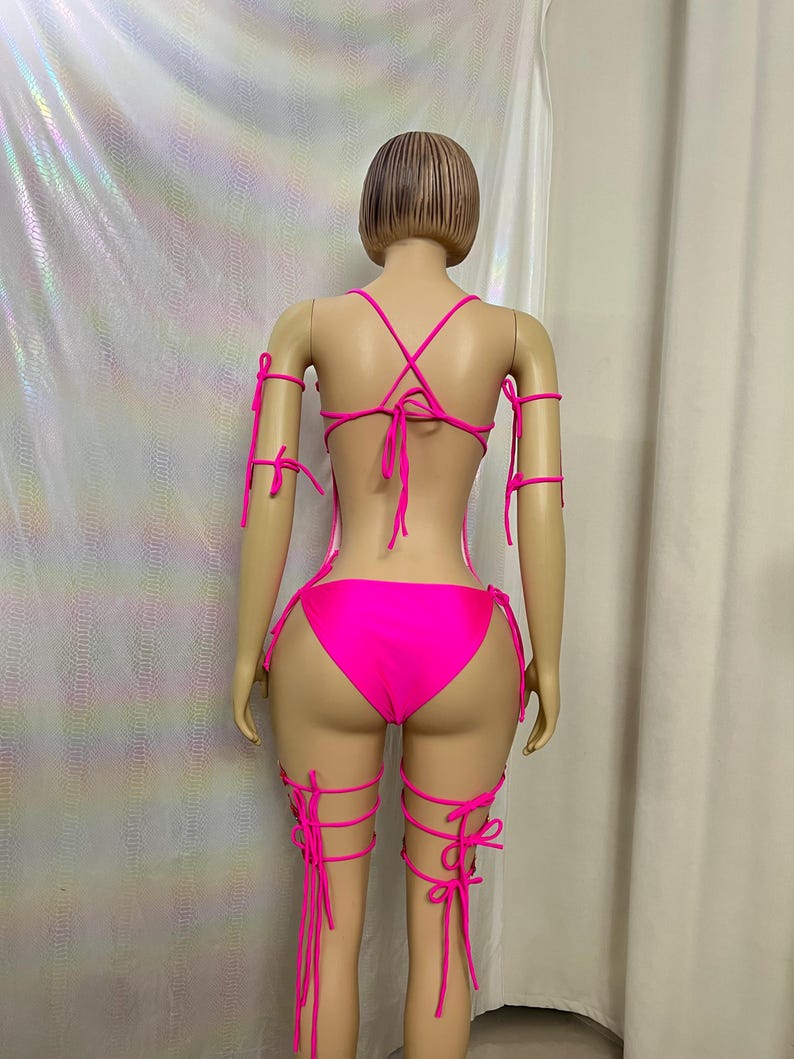 Women's Hot Pink Feathered Rhinestone Bodysuit with Garters and Leg Warmers, Carnival Dance
