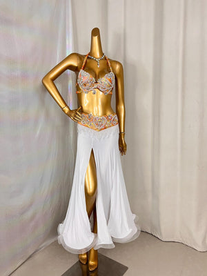 Belly Dance Costume, Women's White & Orange Halter Bra & Hip Scarf with Rhinestones, Slit Skirt, Chiffon & Spandex