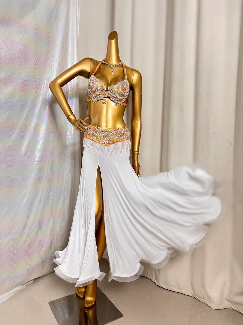 Belly Dance Costume, Women's White & Orange Halter Bra & Hip Scarf with Rhinestones, Slit Skirt, Chiffon & Spandex