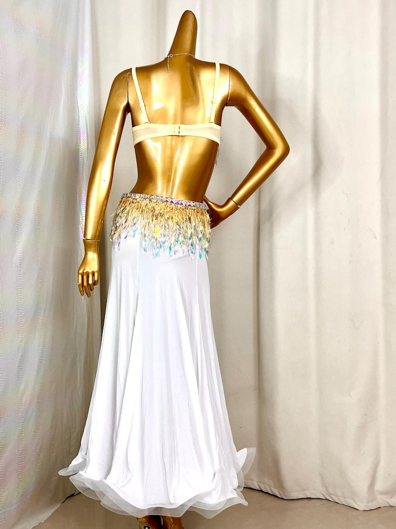 Women's White & Gold Sequin Fringe Slit Belly Dance Costume