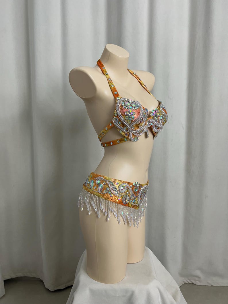 Belly Dance Costume, Women's Orange & Gold Sequin & Bead Embellished Halter Bra Top & Hip Scarf with Fringe, Tribal Fusion Dancewear