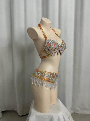 Belly Dance Costume, Women's Orange & Gold Sequin & Bead Embellished Halter Bra Top & Hip Scarf with Fringe, Tribal Fusion Dancewear