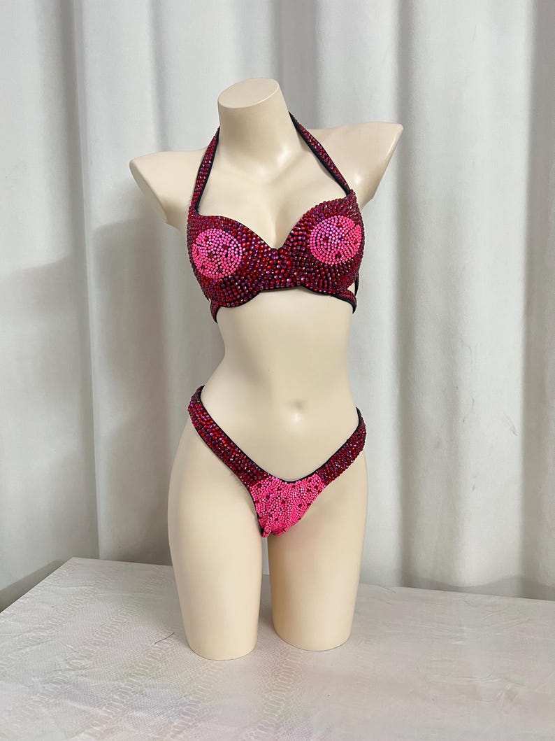 Women's Blue & Black Ombre Sequin Halter Neck Bikini Top and High-Cut Bottom Set, Embellished Bodybuilding Competition Suit