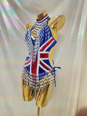 Women's Blue, Red, White Sequin Beaded Fringe Union Jack Halterneck Rave Dance Top