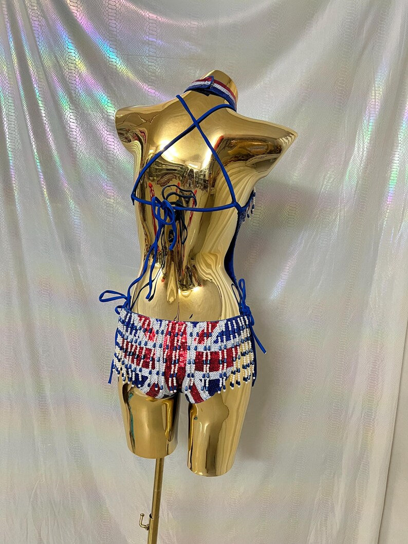 Women's Blue, Red, White Sequin Beaded Fringe Union Jack Halterneck Rave Dance Top